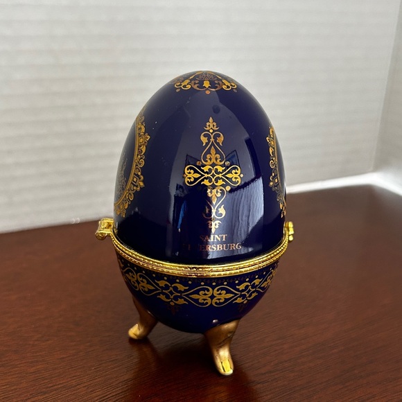 Russion AKM Porcelain Cobalt Blue Gold Egg Shaped Trinket Box Saint Petersburg - Picture 3 of 13
